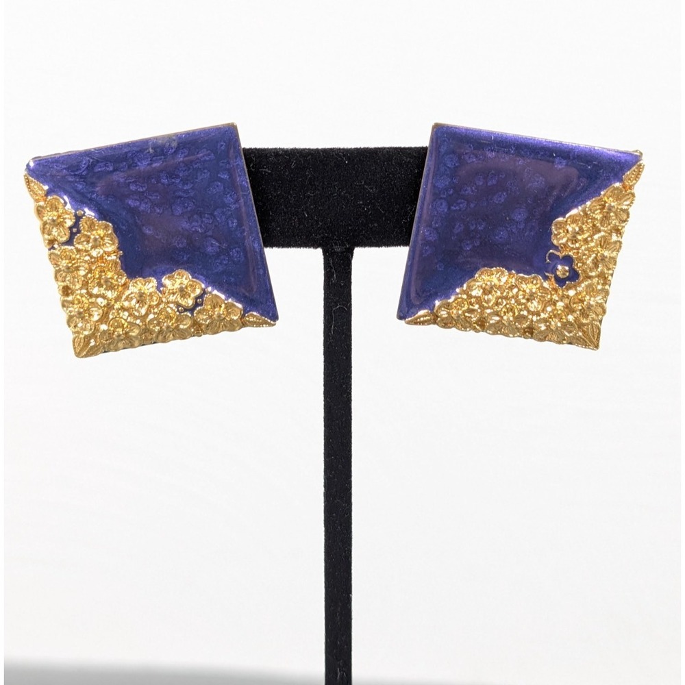 Vintage 80s Purple & Gold Textured Abstract Geometric Square Statement Earrings